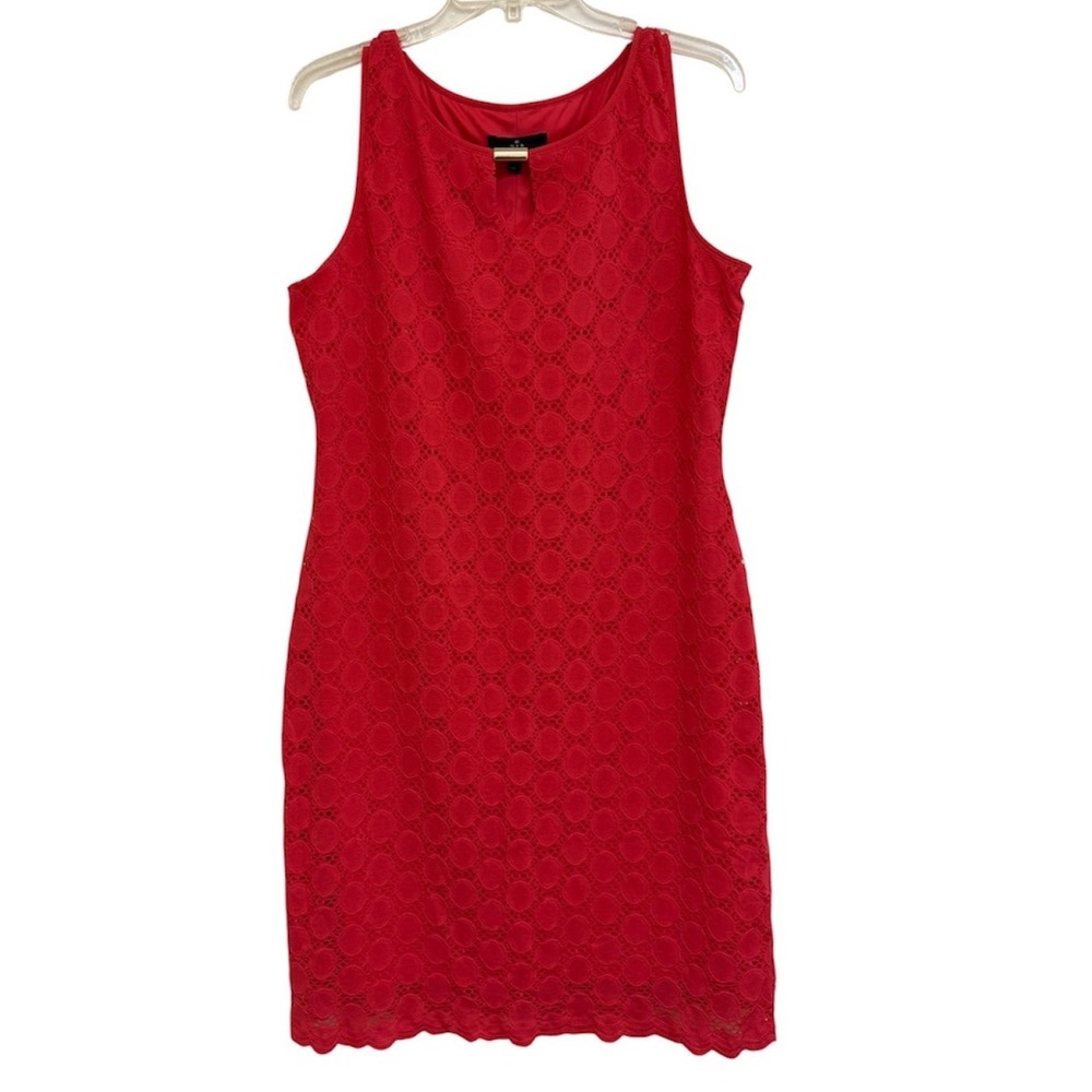 Ronni Nicole Red Lace Sheath Dress Gold Bar Keyhole Sleeveless Size 16